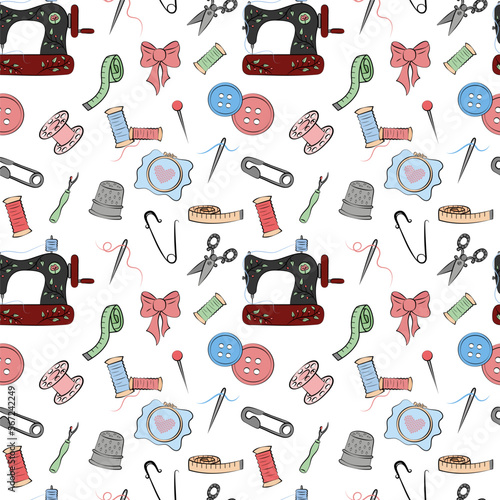 Sewing pattern. Vector seamless background. Embroidery hand drawn illustrated elements. Various colorful sewing tools on white repeat background. Needlework and tailoring appliances