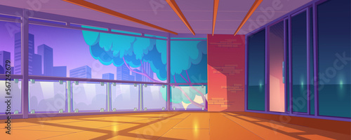 Empty home balcony interior with city and park view at dawn. Vector contemporary illustration of modern hotel or apartment terrace with brick wall and glass door, urban buildings and tree outside