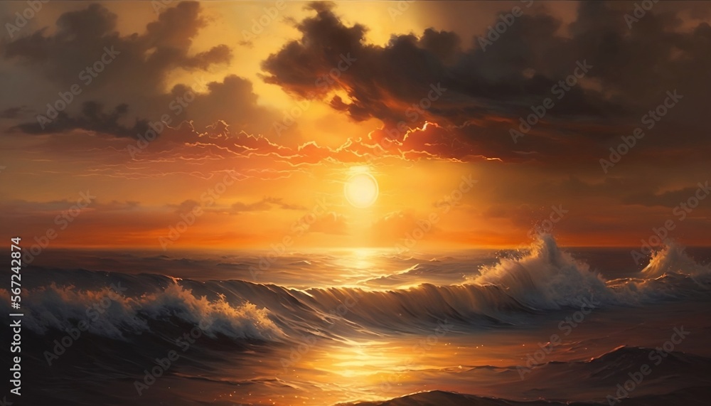 Seascape painting with warm, orange and yellow hues to depict a sunset over the water