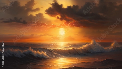 Seascape painting with warm, orange and yellow hues to depict a sunset over the water