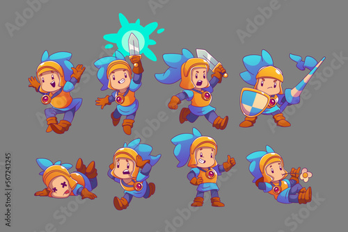 Cute knight character emotions isolated on background. Vector contemporary illustration of medieval soldier in armor with sword and shield happy, scared, relaxed, jumping, running, showing thumbs-up