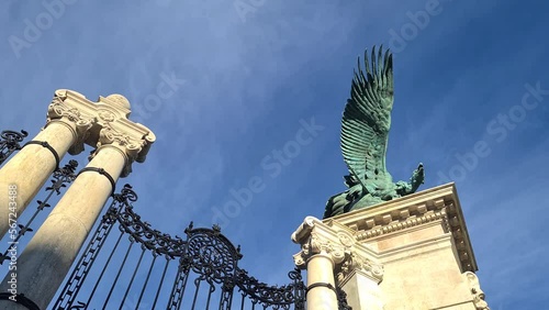 Turul Statue, Buda Castle, Budapest, Hungary. Eagle Falcon Bird From Hungarian Mythology, Panorama, Low Angle