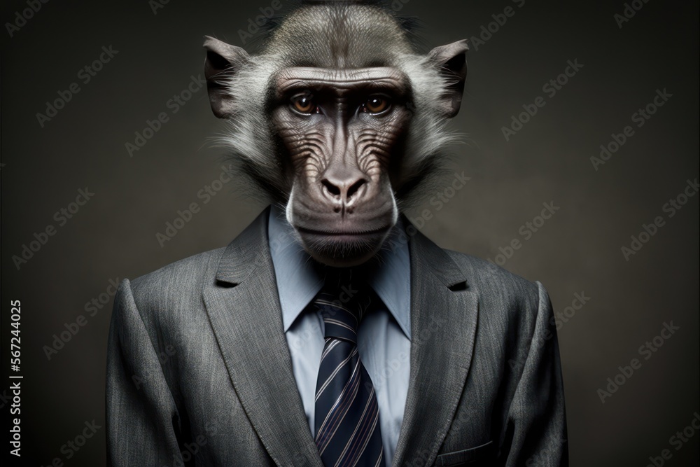 Portrait of a Baboon dressed in a formal business suit. Generative AI Portrait of a Baboon dressed in a formal business suit. Generative AI