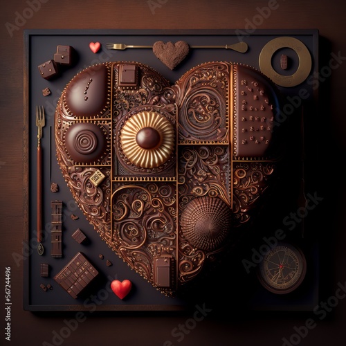 Chocolate cake in shape of heart, with steam-powered tech details. Steampunk, cyberpunk concept. Valentine's Day theme. Instagram promo. Generative AI illustration.  photo