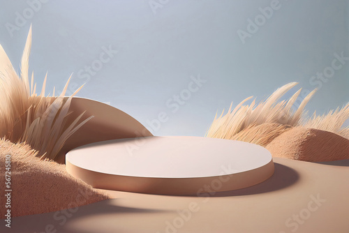 Print op canvas crops sand beach 3D podium display with ocean, Pastel beige background, circle frame