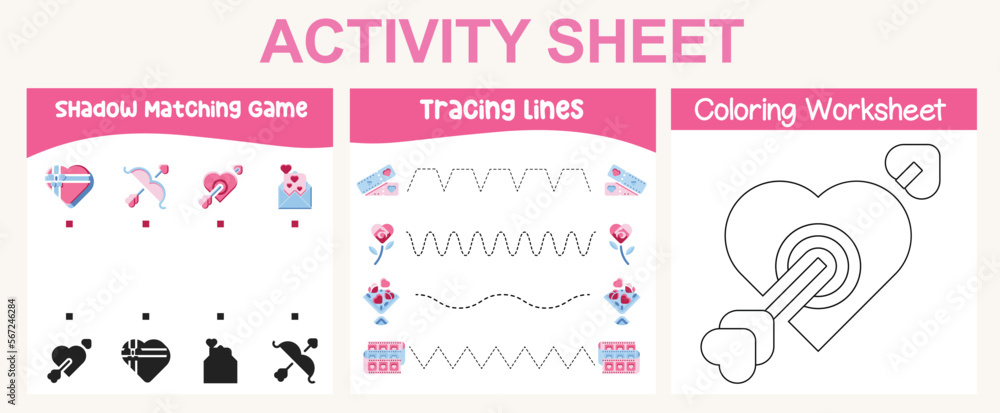 3 in 1 Activity kit Valentine’s edition for preschool and kindergarten kids. Educational printable worksheet. Colouring page, matching shadows, tracing lines fun activity worksheet. Vector file.