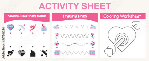 3 in 1 Activity kit Valentine’s edition for preschool and kindergarten kids. Educational printable worksheet. Colouring page, matching shadows, tracing lines fun activity worksheet. Vector file.