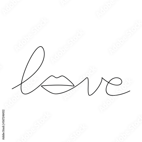 Vector word Love hand writing with line continuous female lips drawing . Slogan, quote, text, lettering, Calligraphic design for print, banner, poster, Valentine’s Day card, postcard, brochure.