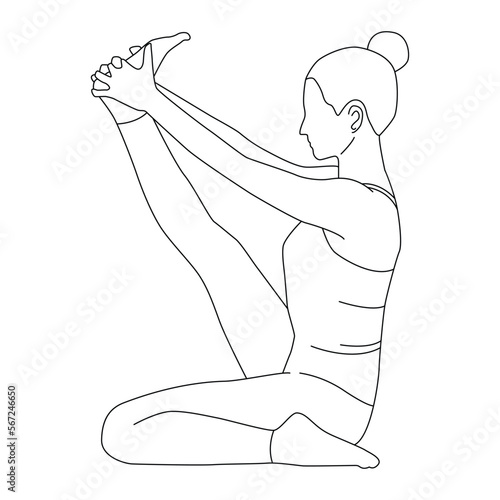 Line art of woman doing yoga in heron pose vector illustration.