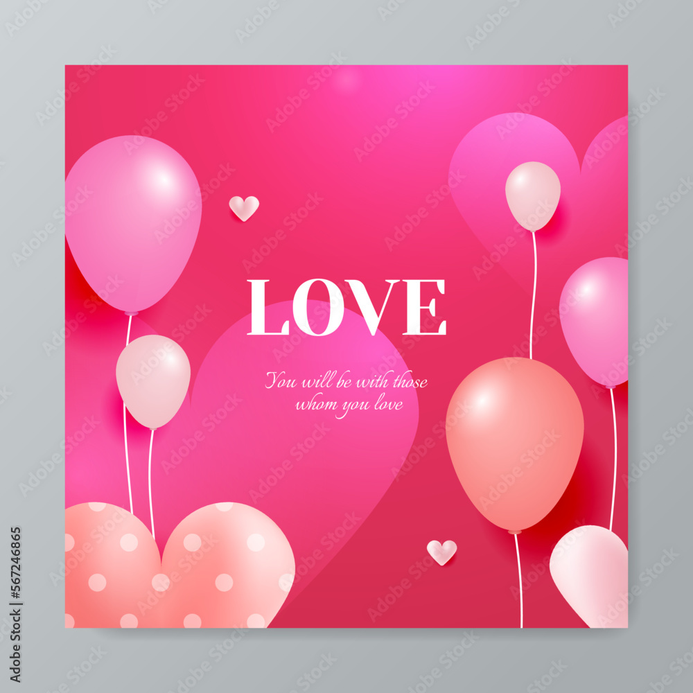 Valentine's day design. Realistic 3d pink love balloon. Holiday banner, web poster, flyer, stylish brochure, greeting card, cover. Romantic background