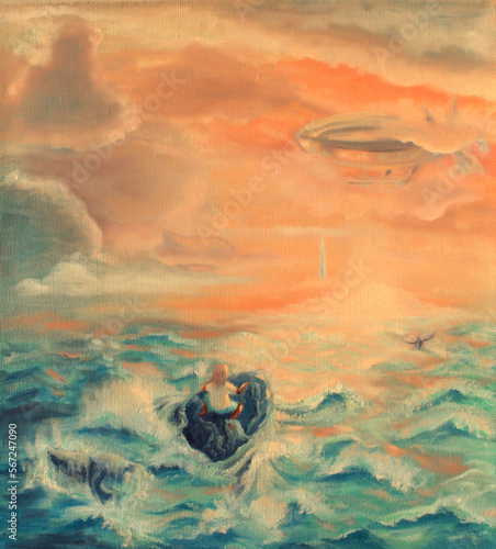 Race on the whales in farfaraway land, oil painting on canvas, sescape, fantsy art (ID: 567247090)