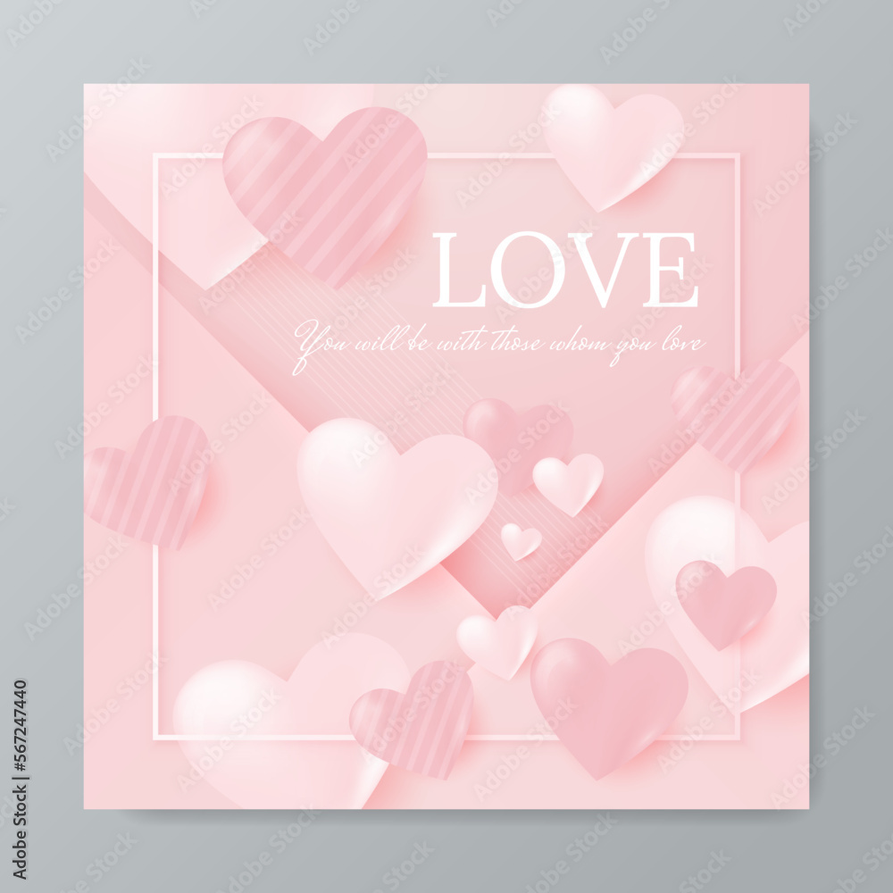 Valentine's Day postcard with paper flying elements and gift box on white sky background. Romantic poster. Vector symbols of love in shape of heart for greeting card design