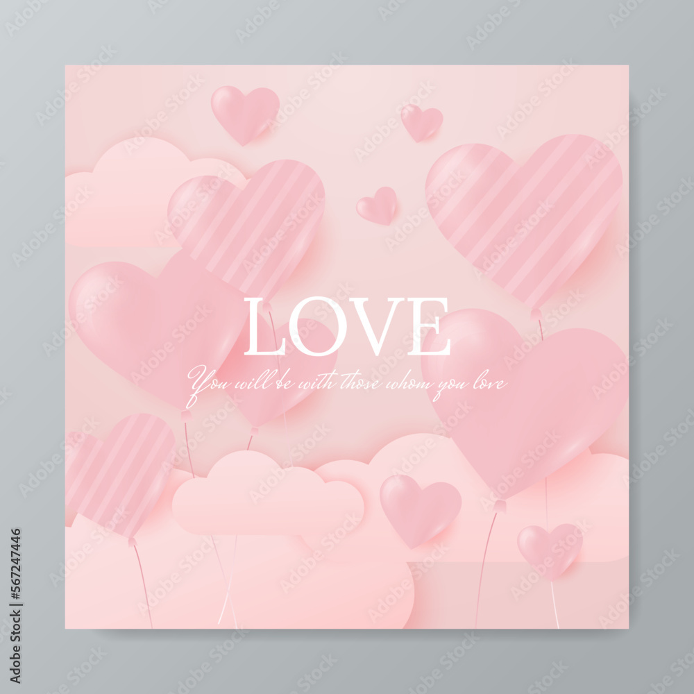 Pastel pink and red soft 3D heart shape frame design. Collection of geometric backdrop for cosmetic product display. Elements for valentine day festival design. Top view. Vector illustration