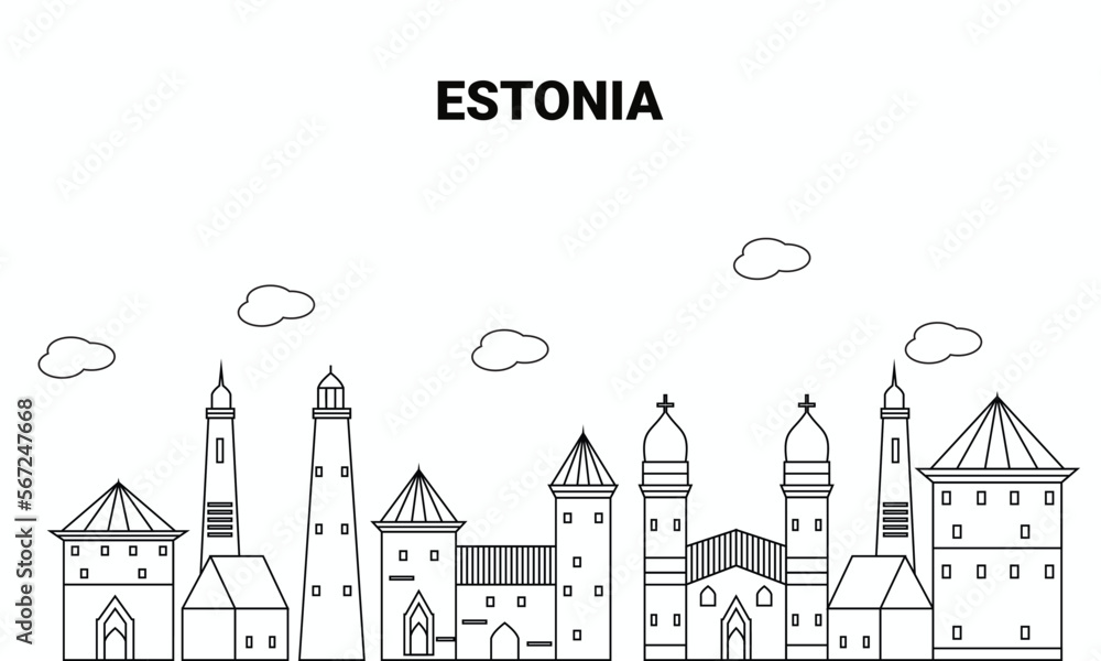 Estonia, Talinn architecture line skyline illustration. Linear vector cityscape with famous landmarks, city sights, design icons. Landscape wtih editable strokes