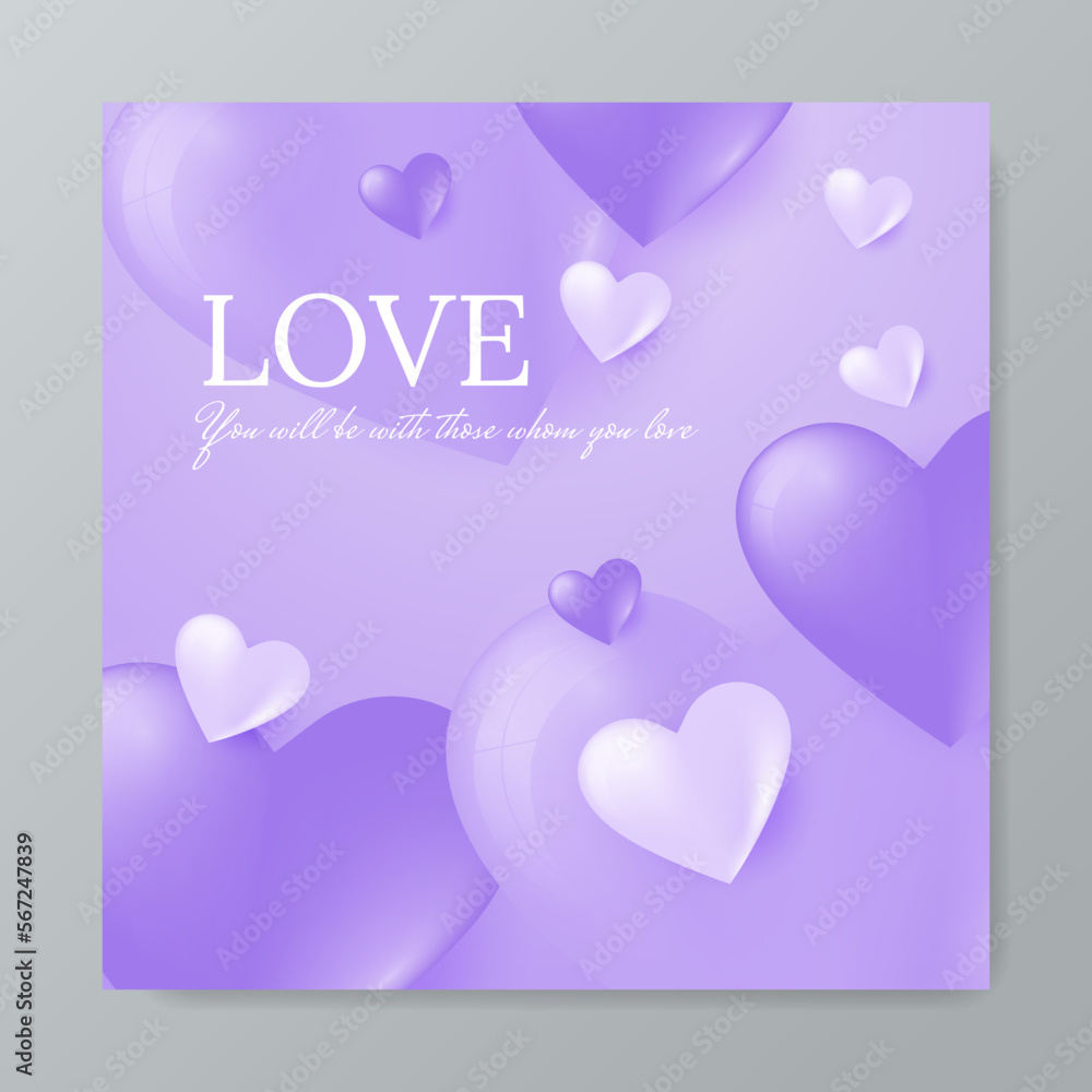 Happy Valentines Day cards, posters, covers. Abstract minimal purple templates in 3D style with hearts pattern for celebration, decoration, branding, packaging, web and social media banners