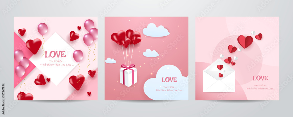 Happy Valentine's Day square poster or banner with cute sky, sweet hearts and gift box on red background. Promotion and shopping template or background for Love and Valentine's day greeting card Happy Valentine's Day square poster or banner with cute sky, sweet hearts and gift box on red background. Promotion and shopping template or background for Love and Valentine's day greeting card