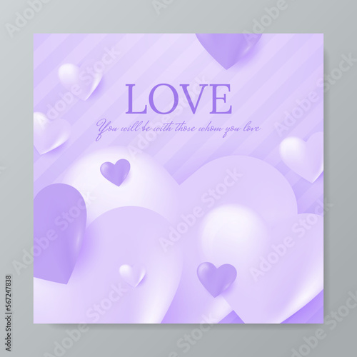 Happy Valentines Day cards  posters  covers. Abstract minimal purple templates in 3D style with hearts pattern for celebration  decoration  branding  packaging  web and social media banners