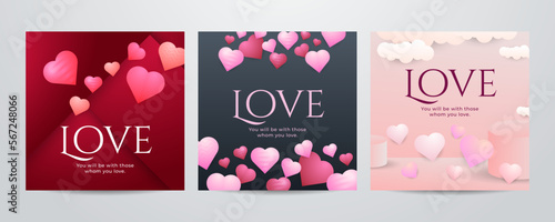 Paper art Valentine's day concept square banner with paper cut ribbon, sky, confetti, and a lot of hearts on a red background with space for text.