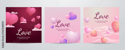 Paper art Valentine's day concept square banner with paper cut ribbon, sky, confetti, and a lot of hearts on a red background with space for text.