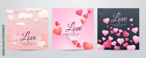 Paper art Valentine's day concept square banner with paper cut ribbon, sky, confetti, and a lot of hearts on a red background with space for text.