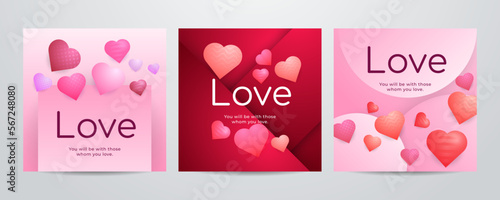 Paper art Valentine's day concept square banner with paper cut ribbon, sky, confetti, and a lot of hearts on a red background with space for text.