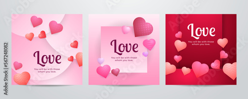 Paper art Valentine's day concept square banner with paper cut ribbon, sky, confetti, and a lot of hearts on a red background with space for text.