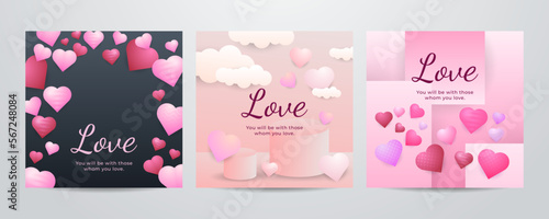 Paper art Valentine's day concept square banner with paper cut ribbon, sky, confetti, and a lot of hearts on a red background with space for text.