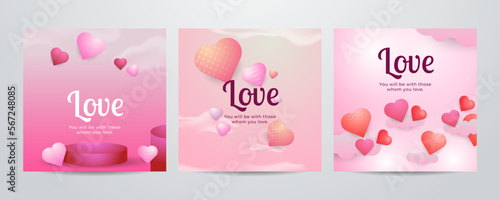 Paper art Valentine's day concept square banner with paper cut ribbon, sky, confetti, and a lot of hearts on a red background with space for text.