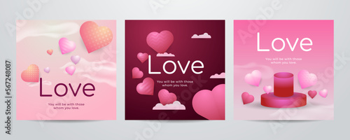 Paper art Valentine's day concept square banner with paper cut ribbon, sky, confetti, and a lot of hearts on a red background with space for text.