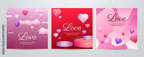 Paper art Valentine's day concept square banner with paper cut ribbon, sky, confetti, and a lot of hearts on a red background with space for text.