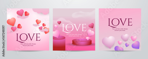Paper art Valentine's day concept square banner with paper cut ribbon, sky, confetti, and a lot of hearts on a red background with space for text.