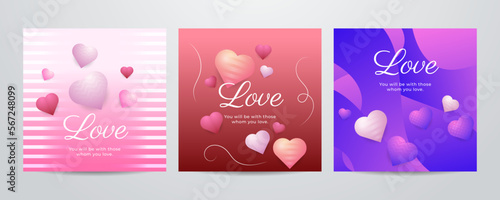 Paper art Valentine's day concept square banner with paper cut ribbon, sky, confetti, and a lot of hearts on a red background with space for text.