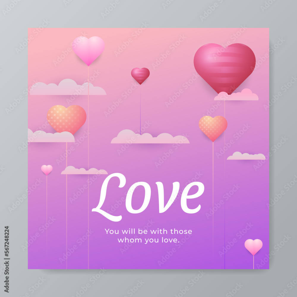 Happy Valentines Day square poster with love heart balloon and sky isolated on pink purple gradient background. Vector Illustration