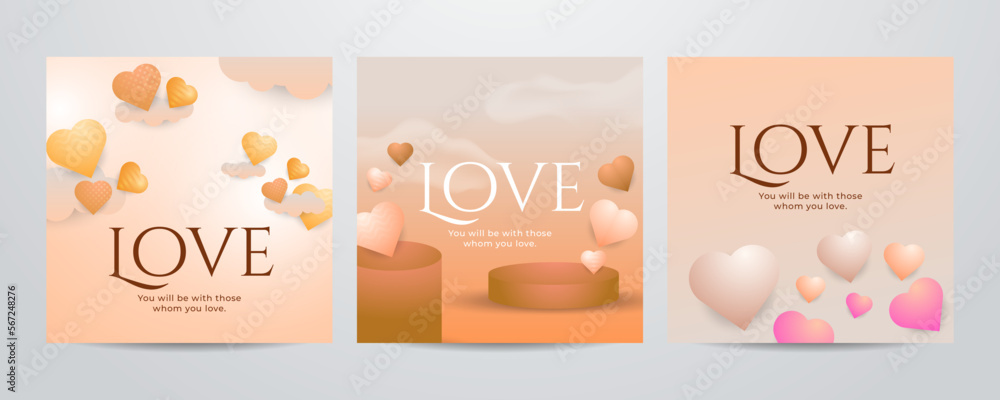 Valentine day square poster template. Vector illustration. Paper hearts, clouds, flying hot air balloon in romantic background. Cute love sale banner, voucher template, greeting card. Place for text. Valentine day square poster template. Vector illustration. Paper hearts, clouds, flying hot air balloon in romantic background. Cute love sale banner, voucher template, greeting card. Place for text.