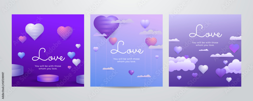 Valentine day square poster template. Vector illustration. Paper hearts, clouds, flying hot air balloon in romantic background. Cute love sale banner, voucher template, greeting card. Place for text.