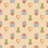 Gift boxes seamless pattern, hand drawn doodle style. Birthday party presents. Flat vector illustration
