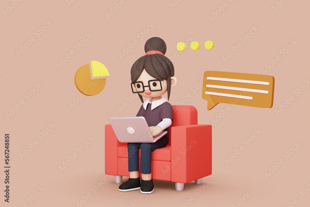 girl character with glasses working with laptop on a couch 3d illustration girl character with glasses working with laptop on a couch 3d illustration