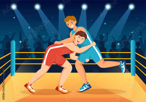 Wrestling Illustration with Two fighters Boxing Competition or Championship Sport on a Arena in Flat Cartoon Hand Drawn for Landing Page Templates