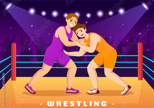 Wrestling Illustration with Two fighters Boxing Competition or Championship Sport on a Arena in Flat Cartoon Hand Drawn for Landing Page Templates