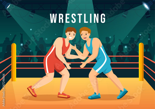Wrestling Illustration with Two fighters Boxing Competition or Championship Sport on a Arena in Flat Cartoon Hand Drawn for Landing Page Templates