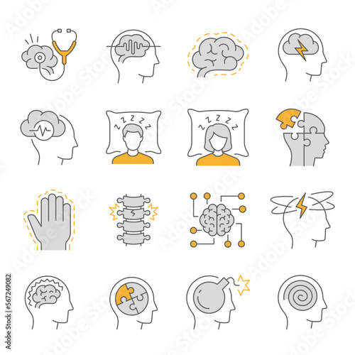 Neurology line icons, such as Alzheimer's disease, Parkinson, insomnia, memory impairment and more. Editable stroke.