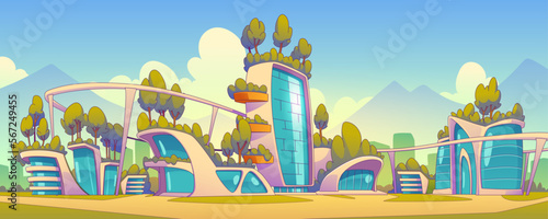 Futuristic smart city with eco buildings. Future sustainable town cityscape with houses and offices with garden on rooftop, overpass roads, green trees and grass, vector illustration
