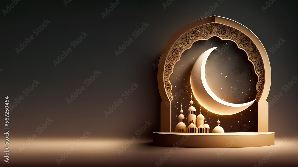 3D Illustration Of Crescent Moon With Mosque On Islamic Podium or Stage. Islamic Religious Concept.