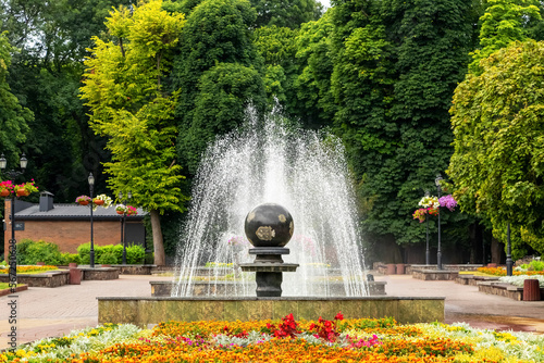 Taras Shevchenko Square in Khmelnytskyi with a fountain in summer