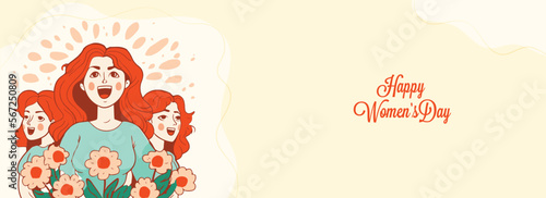 Happy Women's Day Banner Design With Three Young Girl Characters Shouting, Flowers On Light Yellow Background.