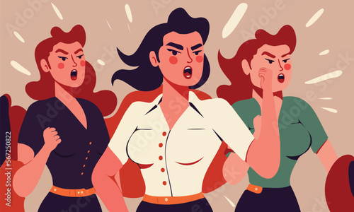 Fashionable Young Women Characters Screaming On Background. Happy Women's Day Concept.