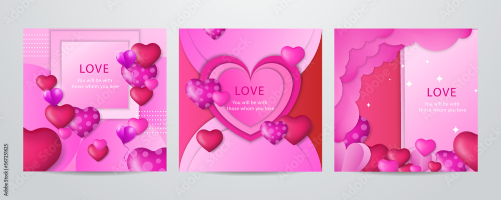 Valentines day concept square greeting card in paper cut realistic style Valentines day concept square greeting card in paper cut realistic style