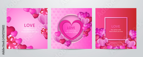 Valentines day concept square greeting card in paper cut realistic style