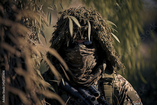 Soldier camouflagged with mask and goggles. Generative AI.