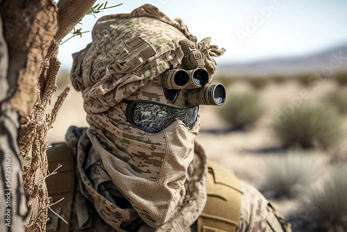 Camouflaged soldier masked with goggles in the desert. Generative AI. © Lars